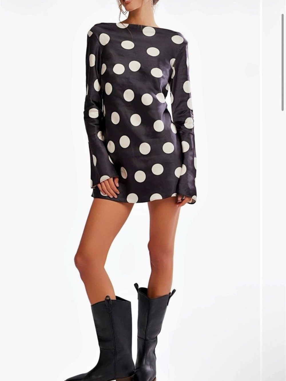 Free People Tigre Polka Dot Long Sleeve Satin Minidress Polka Dot Satin Mini, L